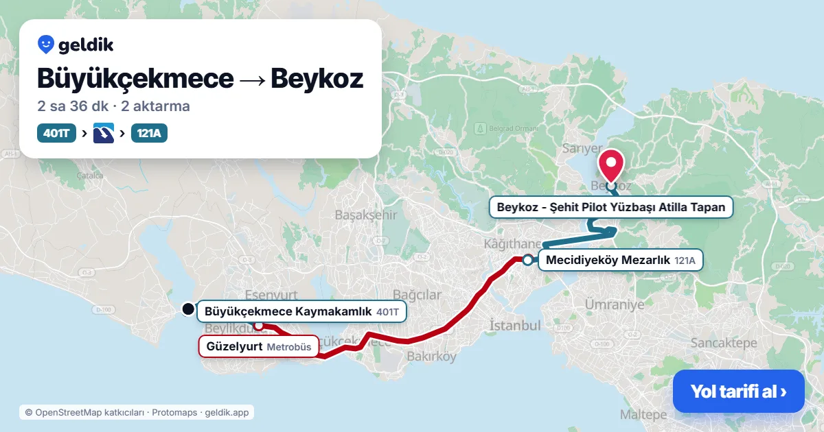 Büyükçekmece – Beykoz yol haritası: 401T otobüsü → Metrobüs → 121A otobüsü → 15TY otobüsü ile ~2 sa 31 dk