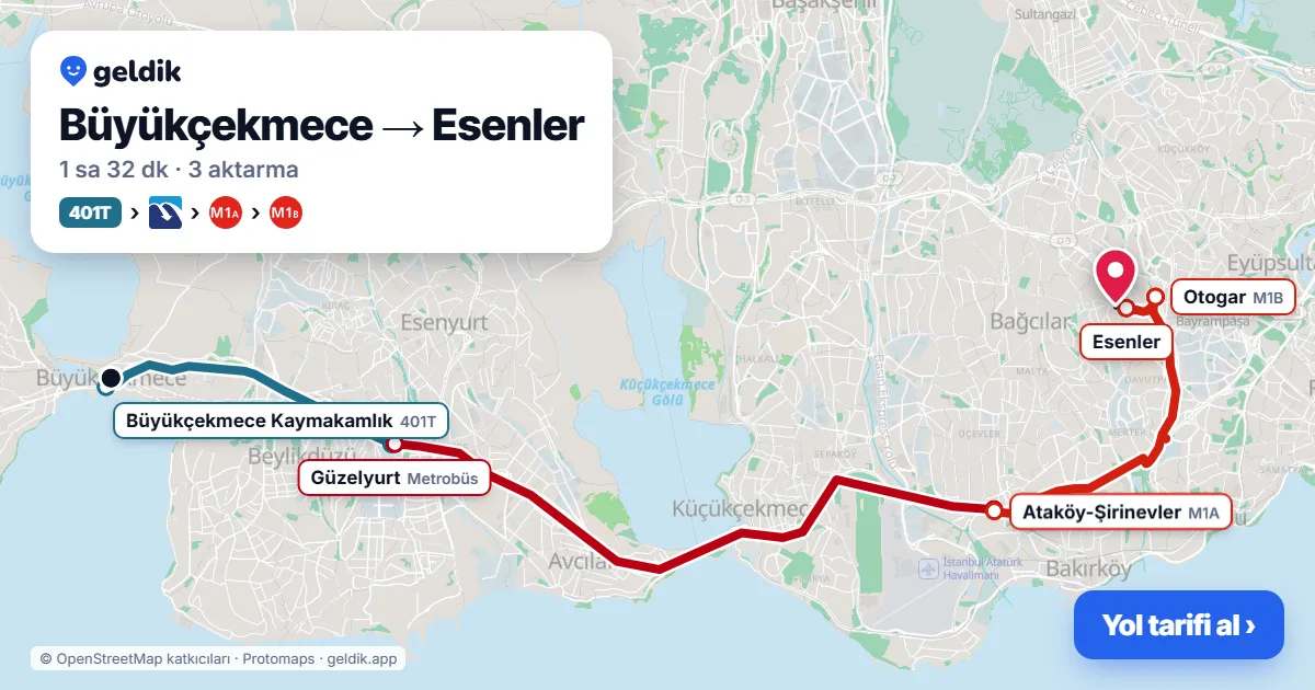 Büyükçekmece – Esenler yol haritası: 401T otobüsü → Metrobüs → M1A → M1B ile ~1 sa 32 dk