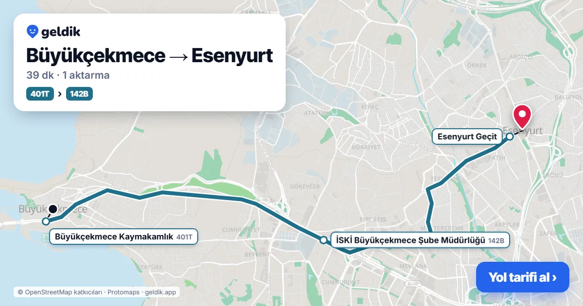 Büyükçekmece – Esenyurt yol haritası: 401T otobüsü → 142B otobüsü ile ~39 dk