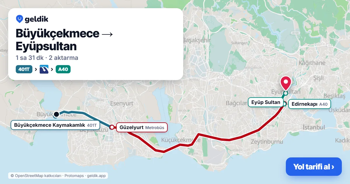 Büyükçekmece – Eyüpsultan yol haritası: 401T otobüsü → Metrobüs → A40 minibüsü ile ~1 sa 31 dk