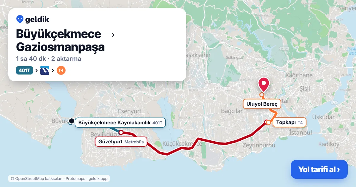 Büyükçekmece – Gaziosmanpaşa yol haritası: 401T otobüsü → Metrobüs → T4 ile ~1 sa 40 dk