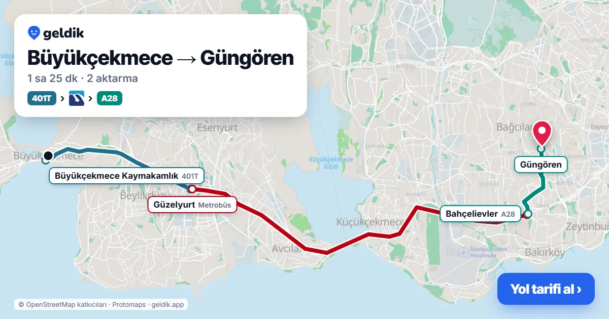 Büyükçekmece – Güngören yol haritası: 401T otobüsü → Metrobüs → A28 minibüsü ile ~1 sa 25 dk