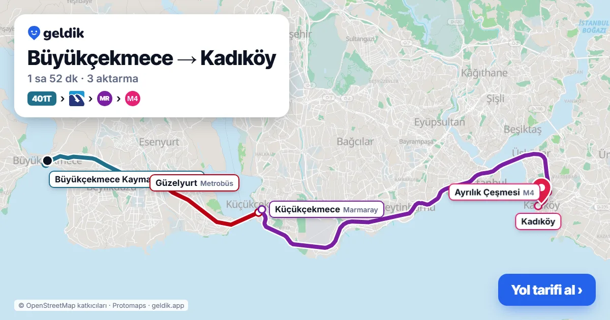 Büyükçekmece – Kadıköy yol haritası: 401T otobüsü → Metrobüs → Marmaray → M4 ile ~1 sa 52 dk