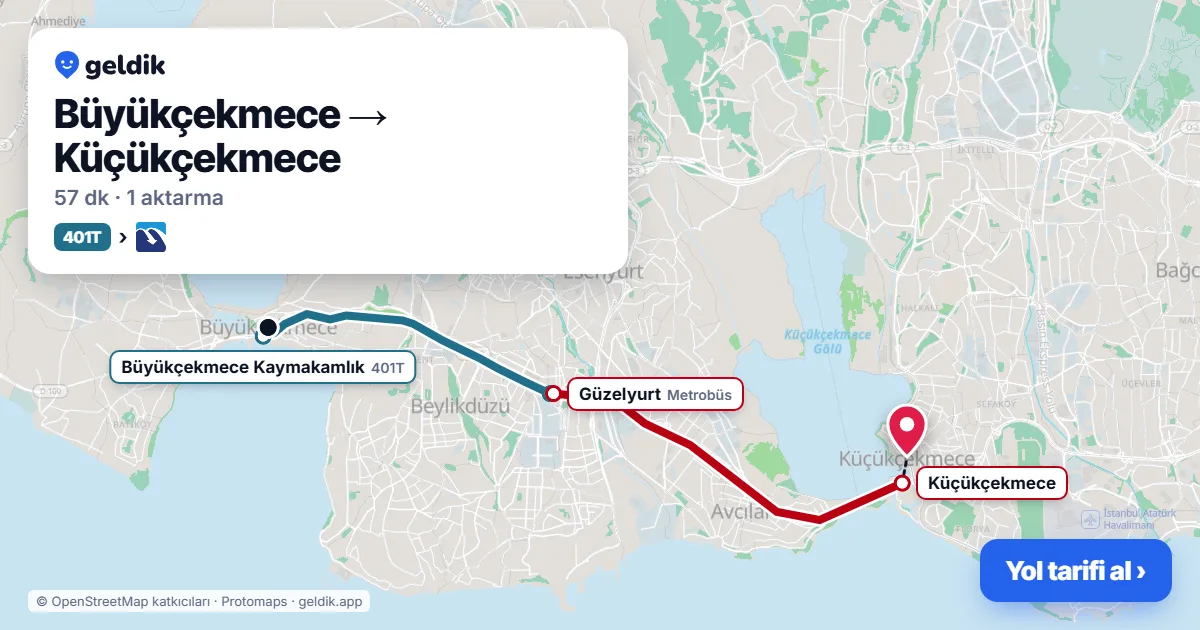 Büyükçekmece – Küçükçekmece yol haritası: 401T otobüsü → Metrobüs ile ~57 dk