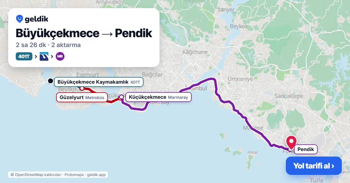 Büyükçekmece – Pendik yol haritası: 401T otobüsü → Metrobüs → Marmaray ile ~2 sa 26 dk