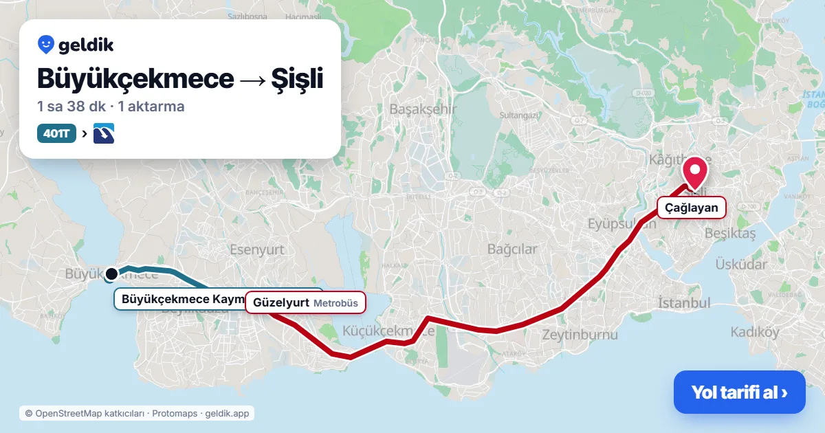 Büyükçekmece – Şişli yol haritası: 401T otobüsü → Metrobüs ile ~1 sa 38 dk