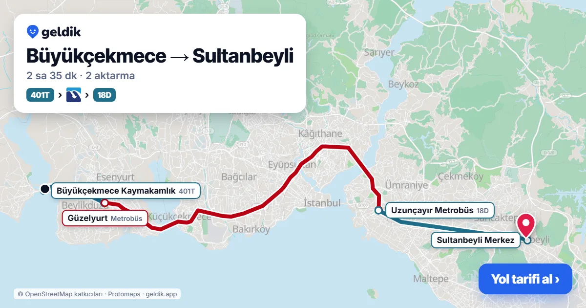 Büyükçekmece – Sultanbeyli yol haritası: 401T otobüsü → Metrobüs → 18D otobüsü ile ~2 sa 35 dk