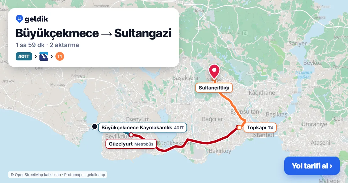 Büyükçekmece – Sultangazi yol haritası: 401T otobüsü → Metrobüs → T4 ile ~1 sa 59 dk