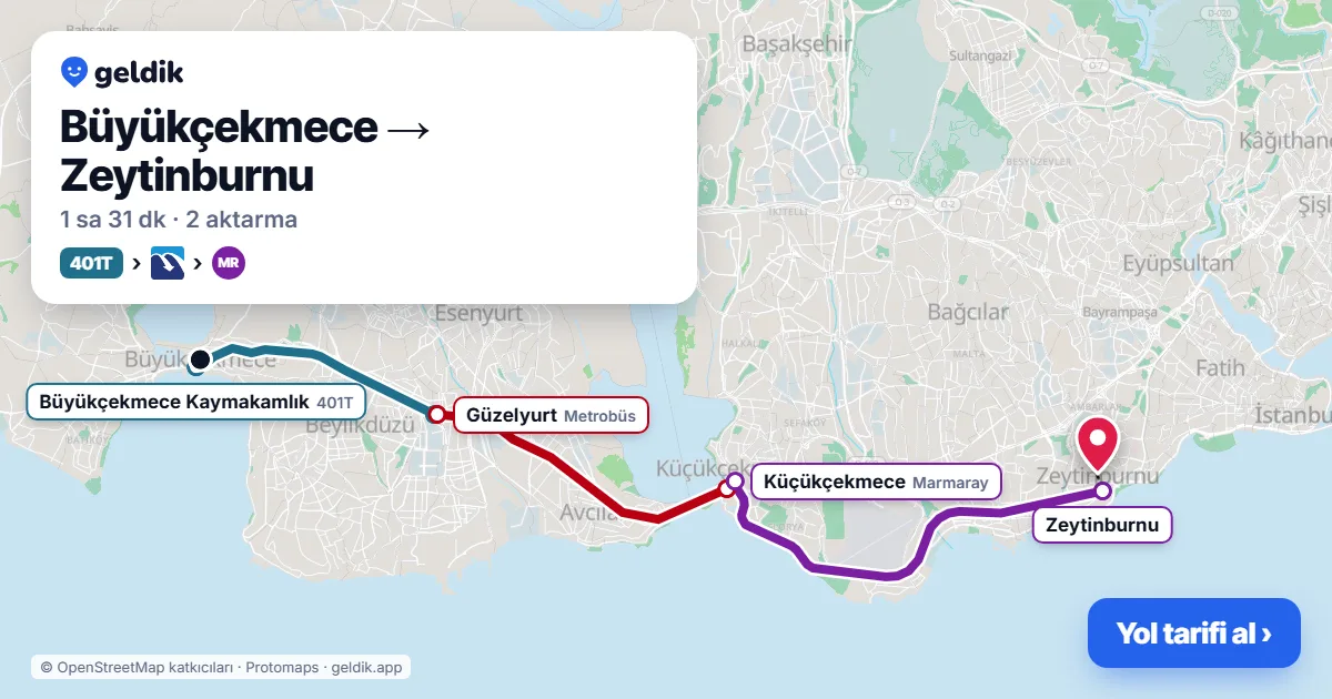 Büyükçekmece – Zeytinburnu yol haritası: 401T otobüsü → Metrobüs → Marmaray ile ~1 sa 31 dk