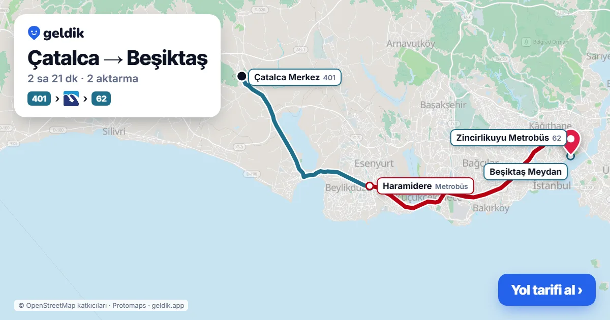 Çatalca – Beşiktaş yol haritası: 401 otobüsü → Metrobüs → 62 otobüsü ile ~2 sa 21 dk