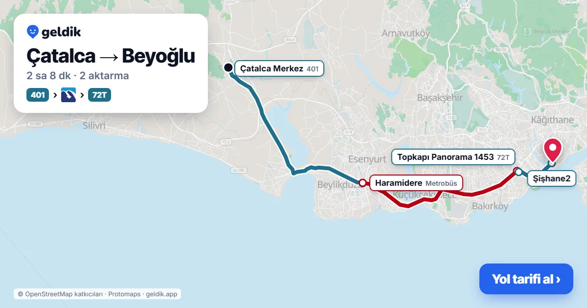 Çatalca – Beyoğlu yol haritası: 401 otobüsü → Metrobüs → 72T otobüsü ile ~2 sa 8 dk