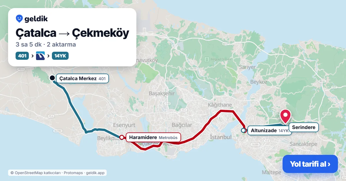 Çatalca – Çekmeköy yol haritası: 401 otobüsü → Metrobüs → 14YK otobüsü ile ~3 sa 5 dk