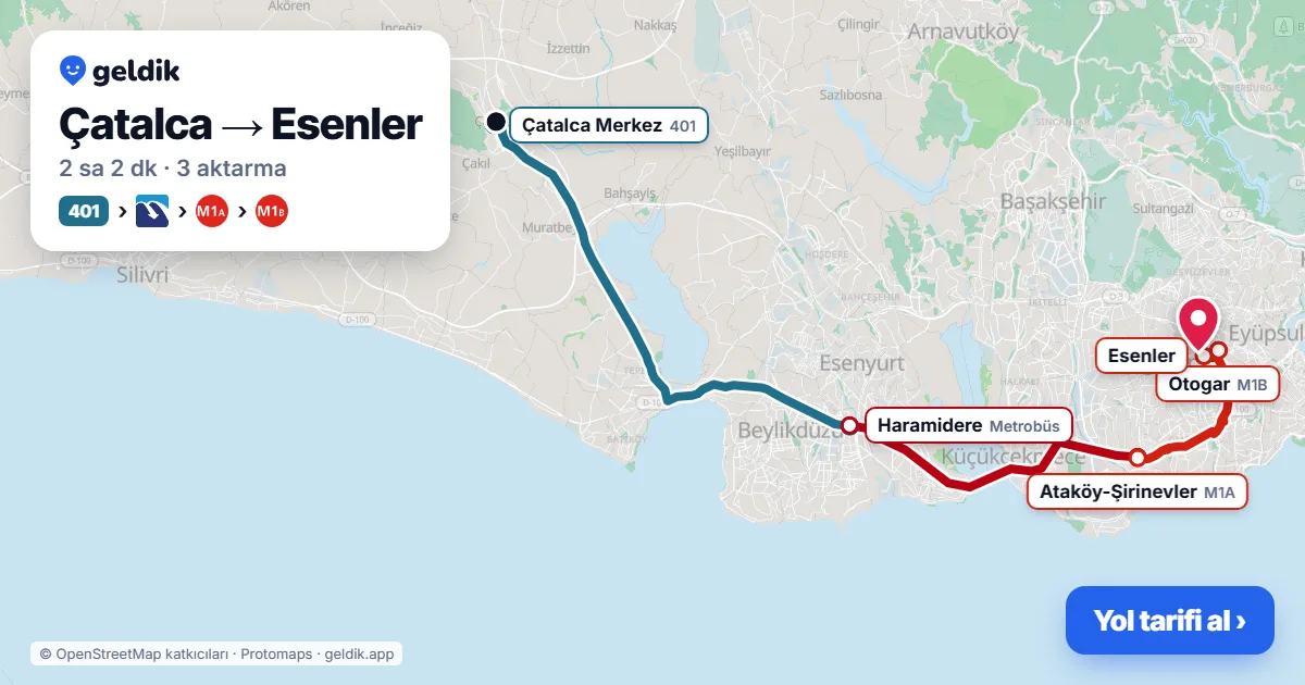Çatalca – Esenler yol haritası: 401 otobüsü → Metrobüs → M1A → M1B ile ~2 sa 2 dk