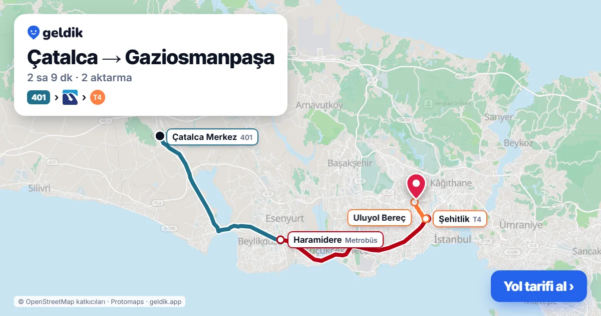 Çatalca – Gaziosmanpaşa yol haritası: 401 otobüsü → Metrobüs → T4 ile ~2 sa 9 dk