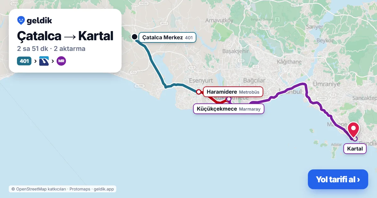 Çatalca – Kartal yol haritası: 401 otobüsü → Metrobüs → Marmaray ile ~2 sa 51 dk
