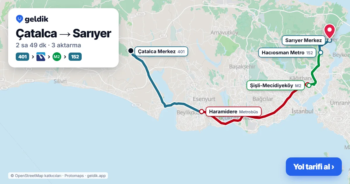 Çatalca – Sarıyer yol haritası: 401 otobüsü → Metrobüs → M2 → 152 otobüsü ile ~2 sa 49 dk