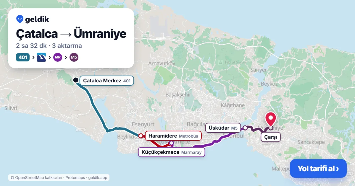 Çatalca – Ümraniye yol haritası: 401 otobüsü → Metrobüs → Marmaray → M5 ile ~2 sa 32 dk