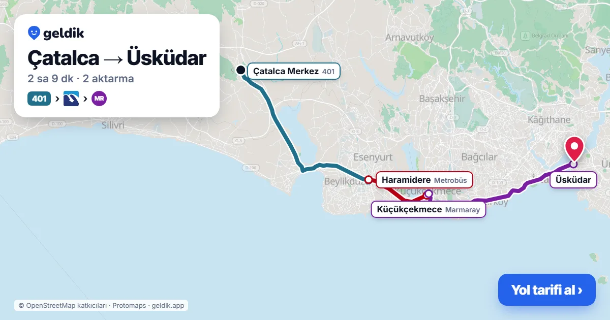 Çatalca – Üsküdar yol haritası: 401 otobüsü → Metrobüs → Marmaray ile ~2 sa 9 dk