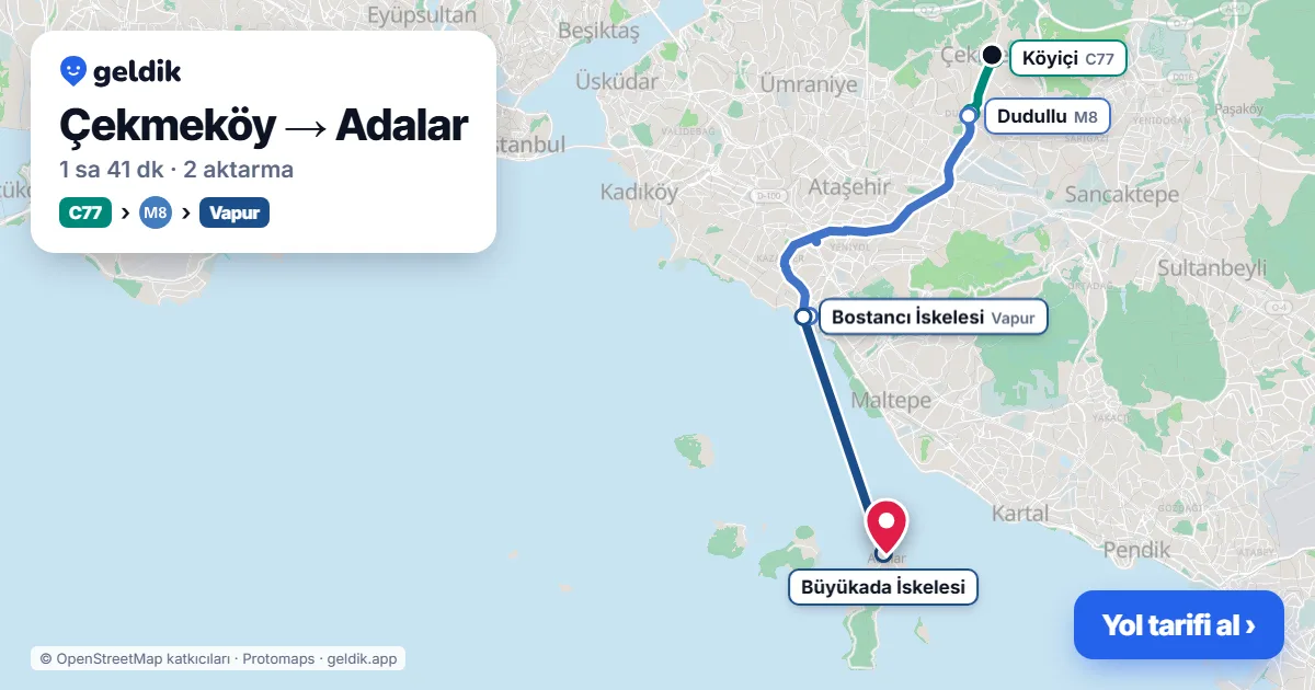 Çekmeköy – Adalar yol haritası: C77 minibüsü → M8 → vapur ile ~1 sa 41 dk