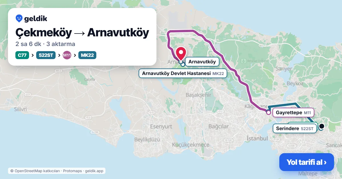 Çekmeköy – Arnavutköy yol haritası: C77 minibüsü → 522ST otobüsü → M11 → MK22 otobüsü ile ~2 sa 6 dk