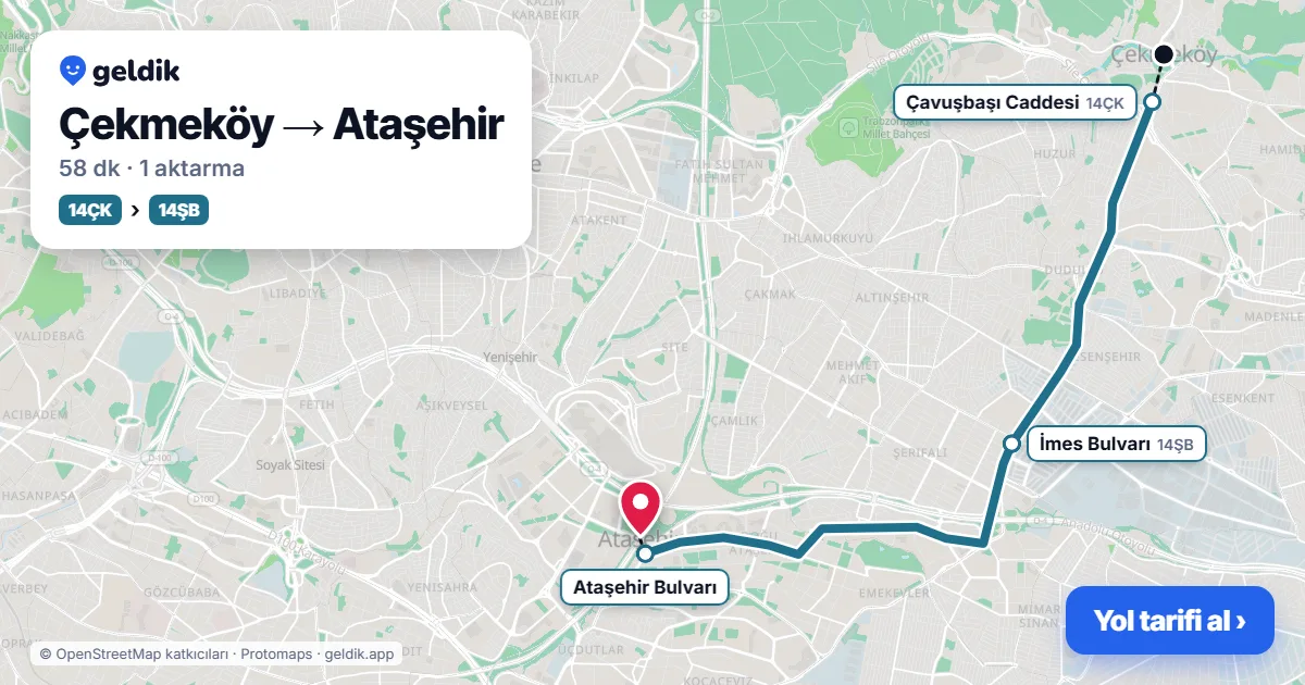 Çekmeköy – Ataşehir yol haritası: 14ÇK otobüsü → 14ŞB otobüsü ile ~58 dk