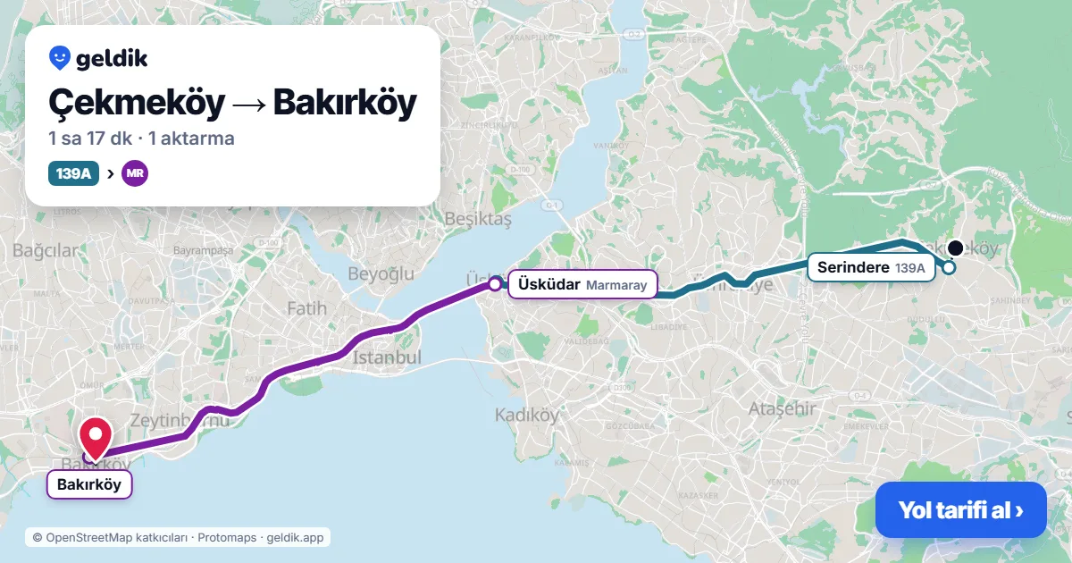 Çekmeköy – Bakırköy yol haritası: 139A otobüsü → Marmaray ile ~1 sa 17 dk