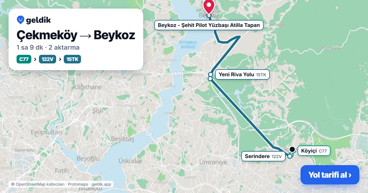 Çekmeköy – Beykoz yol haritası: C77 minibüsü → 122V otobüsü → 15TK otobüsü ile ~1 sa 9 dk