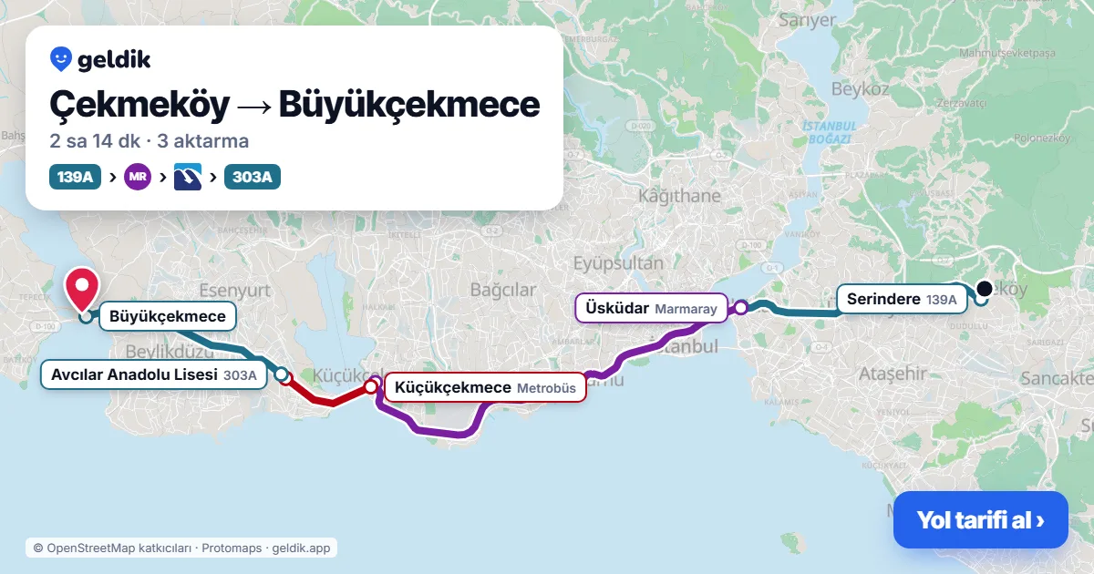 Çekmeköy – Büyükçekmece yol haritası: 139A otobüsü → Marmaray → Metrobüs → 303A otobüsü ile ~2 sa 14 dk