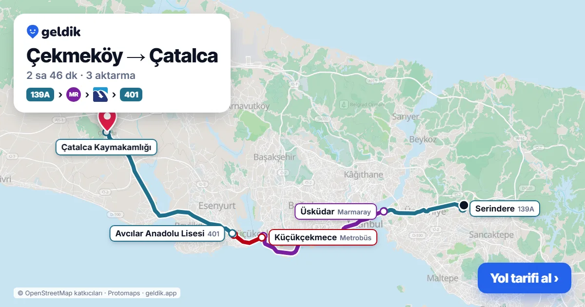 Çekmeköy – Çatalca yol haritası: 139A otobüsü → Marmaray → Metrobüs → 401 otobüsü ile ~2 sa 46 dk