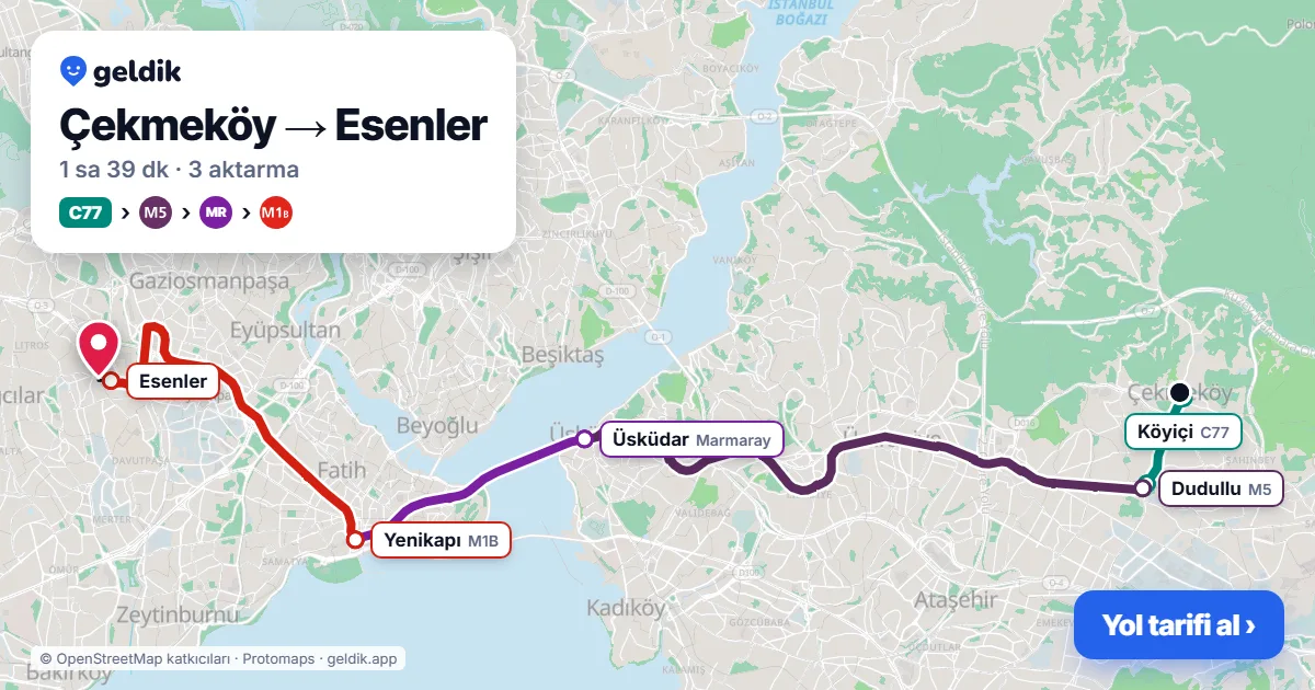 Çekmeköy – Esenler yol haritası: C77 minibüsü → M5 → Marmaray → M1B ile ~1 sa 39 dk