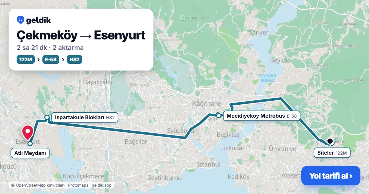 Çekmeköy – Esenyurt yol haritası: 122M otobüsü → E-58 otobüsü → HS2 otobüsü ile ~2 sa 22 dk