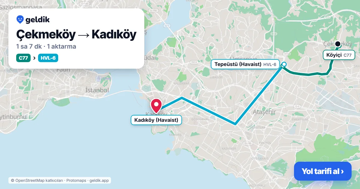 Çekmeköy – Kadıköy yol haritası: C77 minibüsü → Havaist HVL-6 otobüsü ile ~1 sa 7 dk