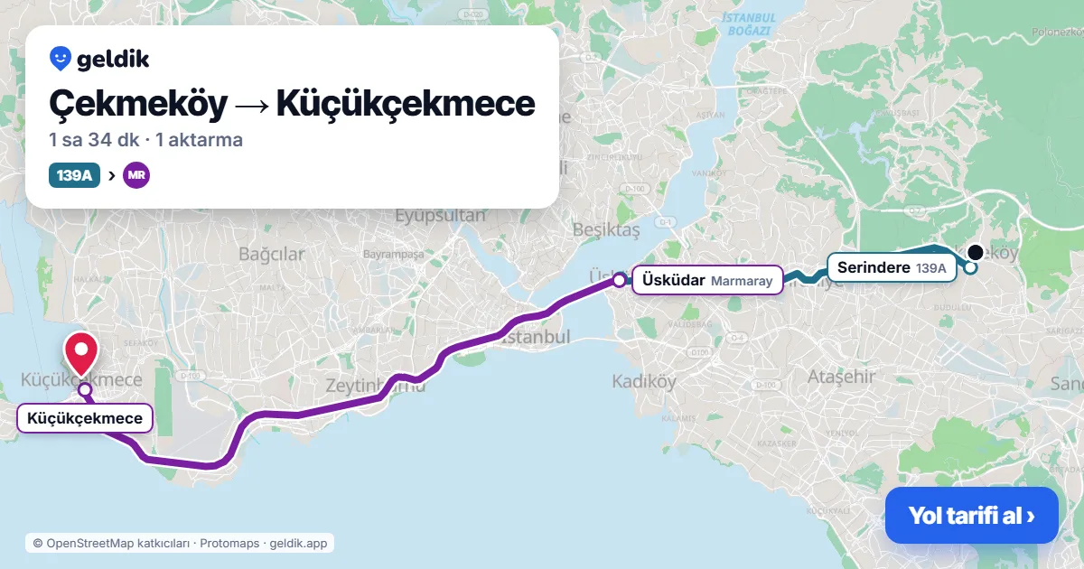 Çekmeköy – Küçükçekmece yol haritası: 139A otobüsü → Marmaray ile ~1 sa 34 dk