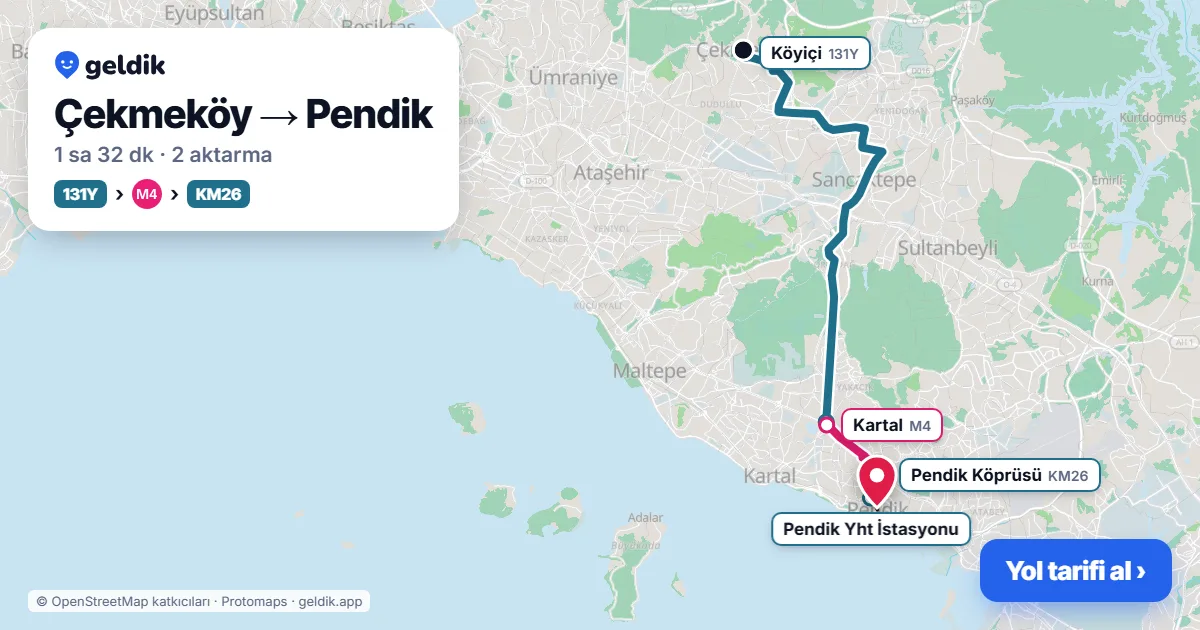 Çekmeköy – Pendik yol haritası: 131Y otobüsü → M4 → KM26 otobüsü ile ~1 sa 32 dk
