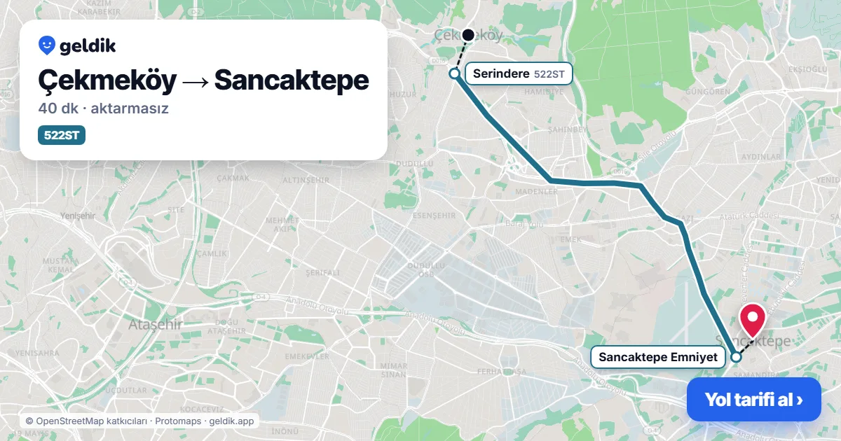 Çekmeköy – Sancaktepe yol haritası: 522ST otobüsü ile ~40 dk