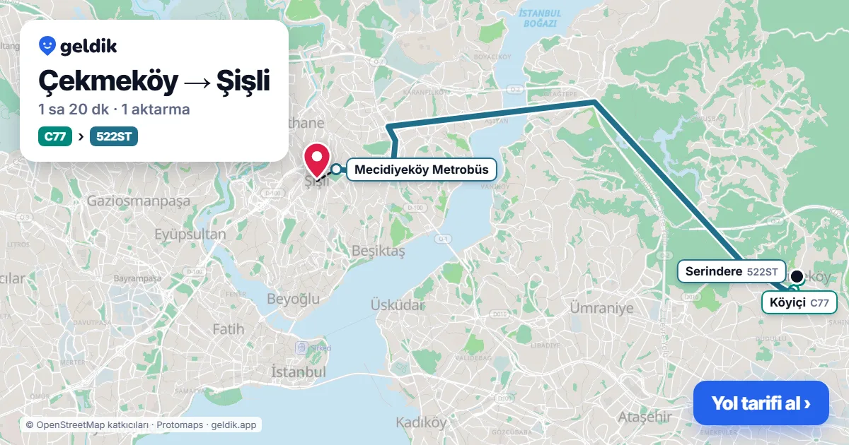 Çekmeköy – Şişli yol haritası: C77 minibüsü → 522ST otobüsü ile ~1 sa 20 dk