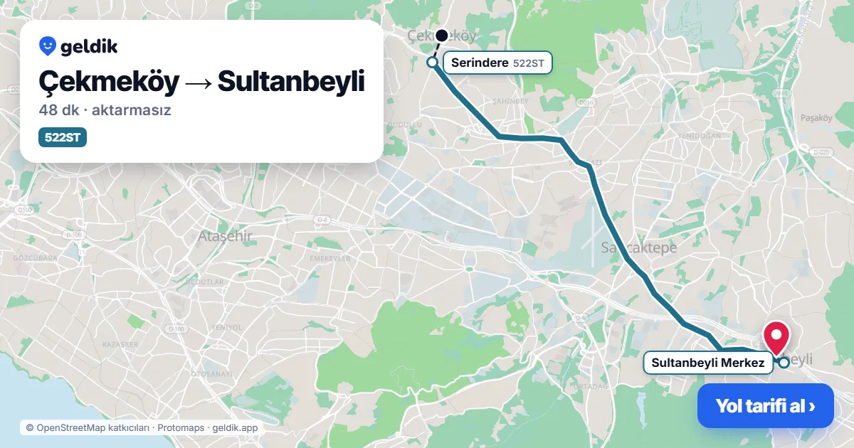 Çekmeköy – Sultanbeyli yol haritası: 522ST otobüsü ile ~48 dk