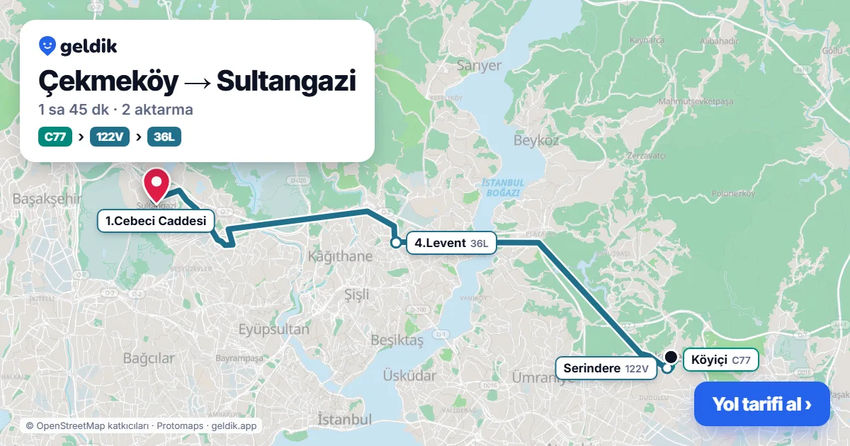 Çekmeköy – Sultangazi yol haritası: C77 minibüsü → 122V otobüsü → 36L otobüsü ile ~1 sa 45 dk