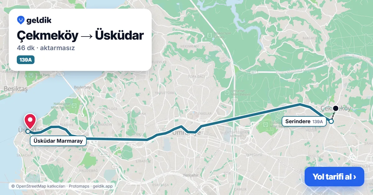 Çekmeköy – Üsküdar yol haritası: 139A otobüsü ile ~46 dk