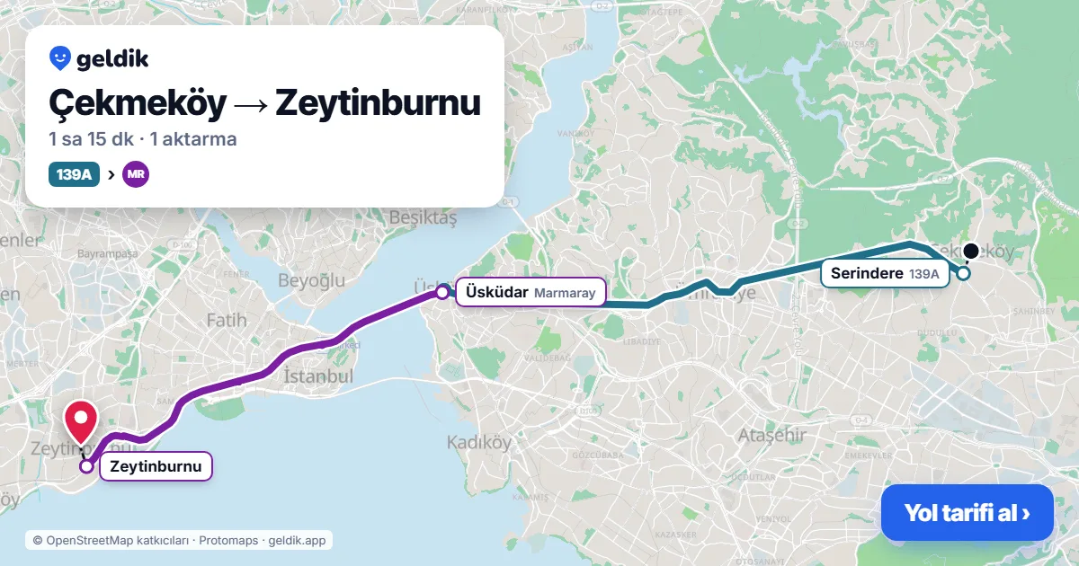 Çekmeköy – Zeytinburnu yol haritası: 139A otobüsü → Marmaray ile ~1 sa 15 dk