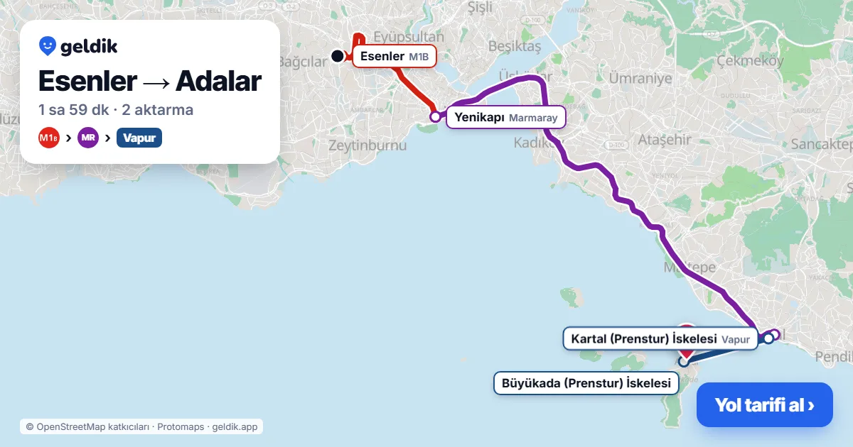 Esenler – Adalar yol haritası: M1B → Marmaray → vapur ile ~1 sa 59 dk