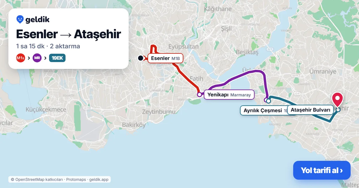 Esenler – Ataşehir yol haritası: M1B → Marmaray → 19EK otobüsü ile ~1 sa 15 dk