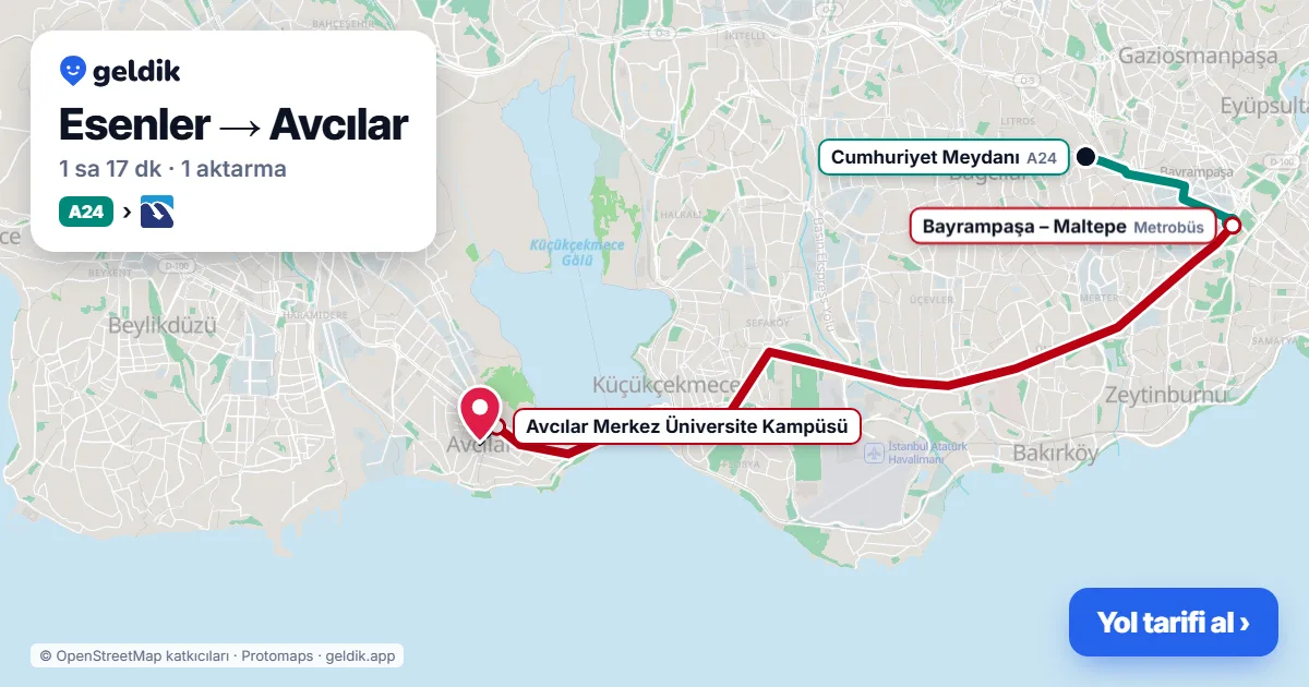 Esenler – Avcılar yol haritası: A24 minibüsü → Metrobüs ile ~1 sa 17 dk