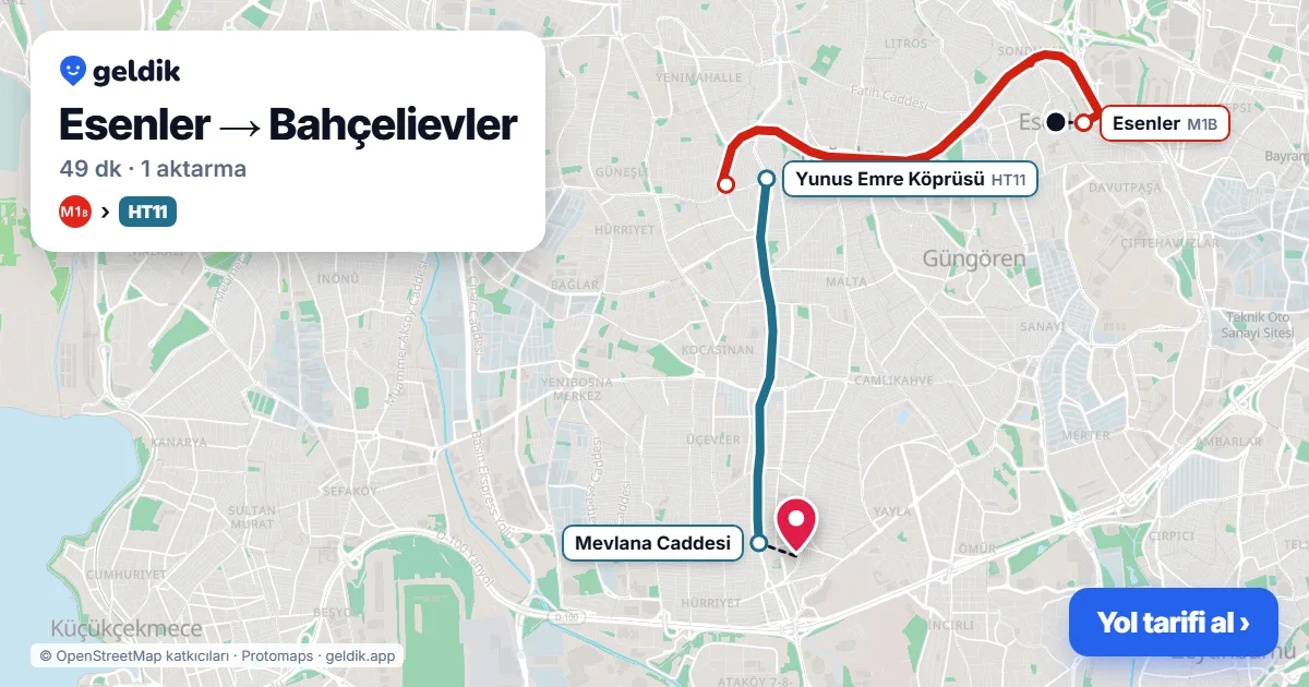 Esenler – Bahçelievler yol haritası: M1B → HT11 otobüsü ile ~48 dk