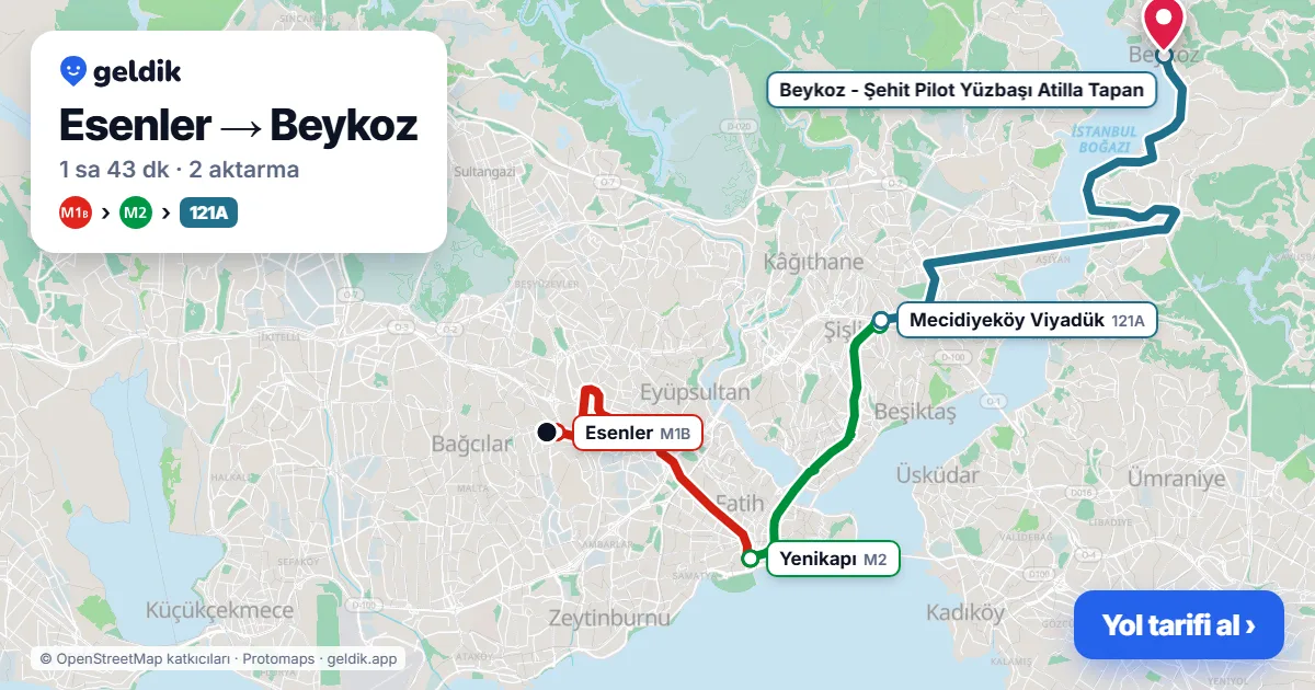 Esenler – Beykoz yol haritası: M1B → M2 → 121A otobüsü ile ~1 sa 43 dk