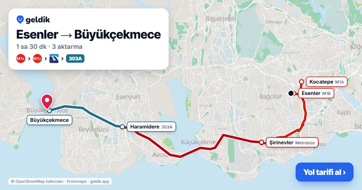 Esenler – Büyükçekmece yol haritası: M1B → M1A → Metrobüs → 303A otobüsü ile ~1 sa 30 dk