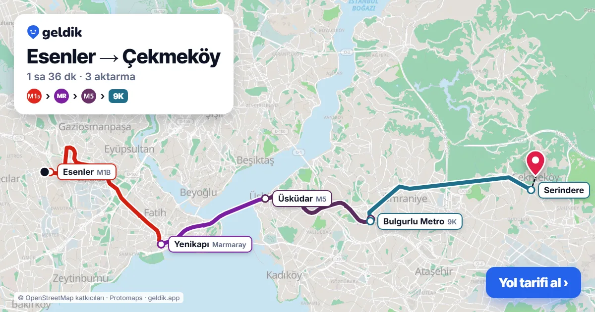 Esenler – Çekmeköy yol haritası: M1B → Marmaray → M5 → 9K otobüsü ile ~1 sa 36 dk