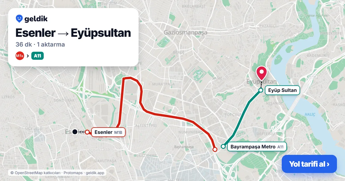 Esenler – Eyüpsultan yol haritası: M1B → A11 minibüsü ile ~36 dk