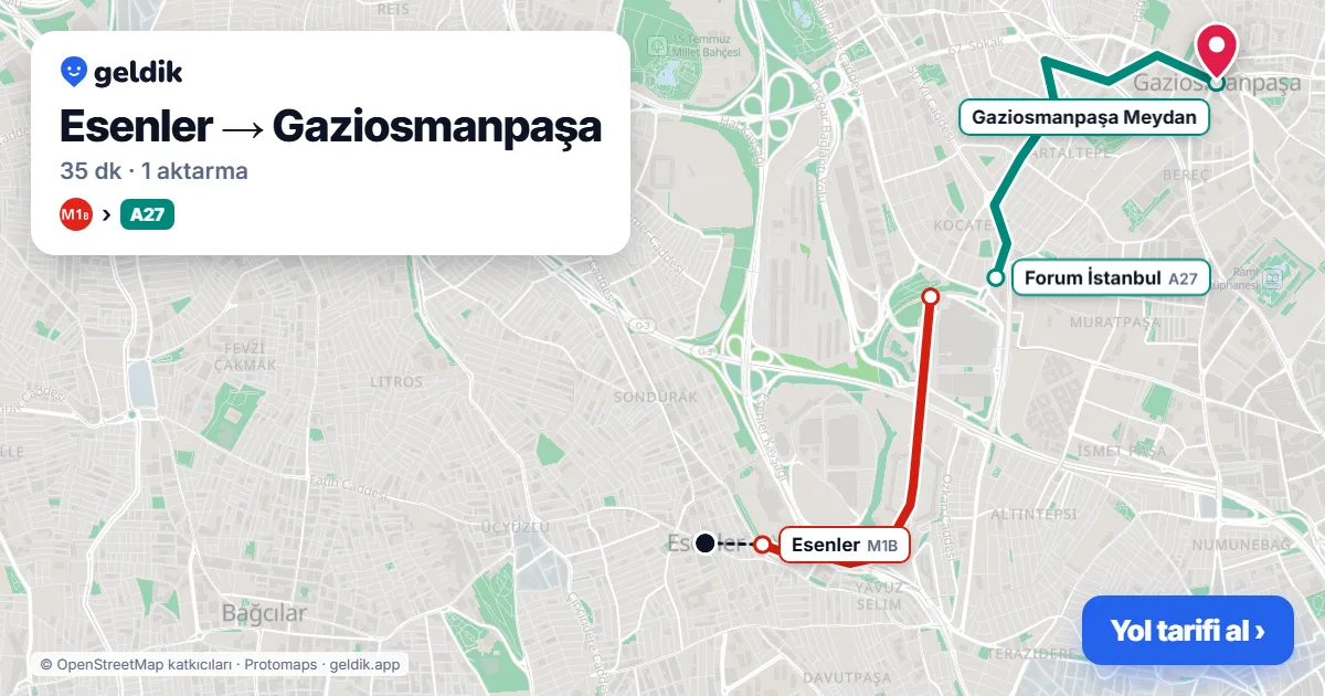 Esenler – Gaziosmanpaşa yol haritası: M1B → A27 minibüsü ile ~35 dk