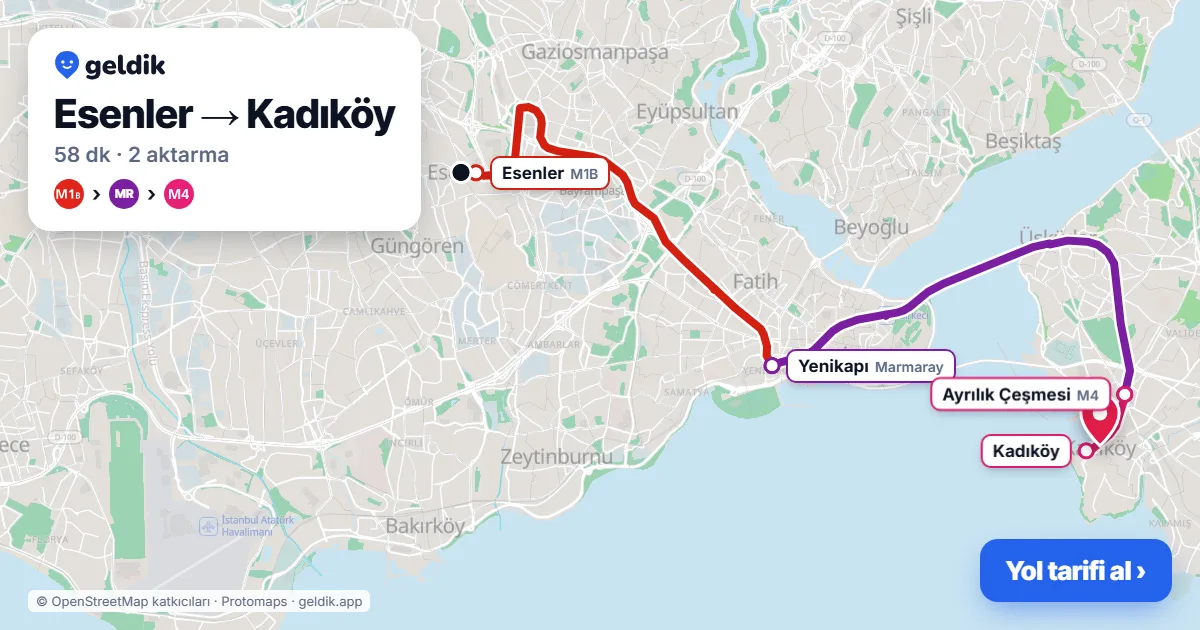 Esenler – Kadıköy yol haritası: M1B → Marmaray → M4 ile ~58 dk